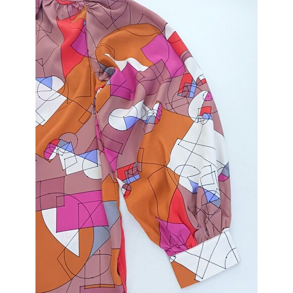 OVI Bright Geometric Mod Print Blouse Balloon Sleeve Sz L - Picture 4 of 8